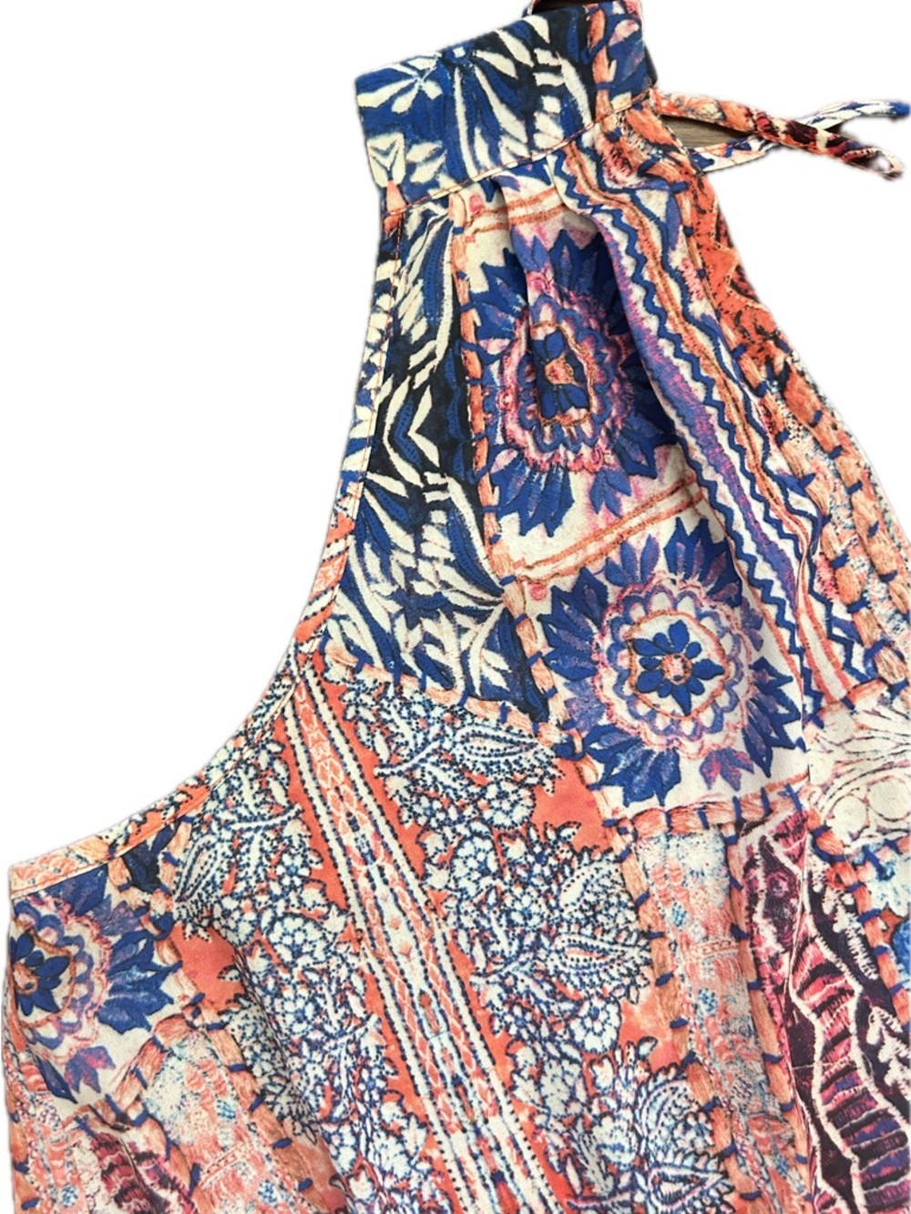 Heartloom Coral & Blue Printed Sleeveless V-Neck Romper with Back Tie - Picture 2 of 16
